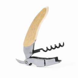 A corkscrew with a wooden handle and silver-toned metal components, featuring a spiral corkscrew and blade.