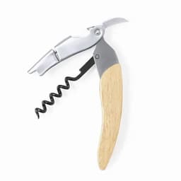 A corkscrew with a wooden handle and a metal lever mechanism, featuring a spiral corkscrew and bottle opener.