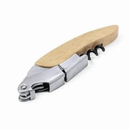A corkscrew with a wooden handle and a metallic cork remover, featuring a spiral metal screw.