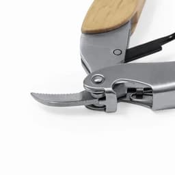 A pruning tool with a stainless steel blade and a wooden handle, featuring a curved cutting edge.