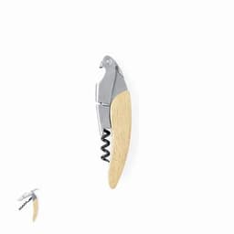 A corkscrew with a silver metal body and a light wooden handle, featuring a spiral to open wine bottles.