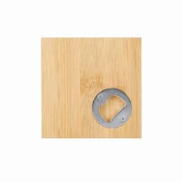A bamboo bottle opener featuring a round metal cap. The surface is smooth with a natural wood grain pattern.