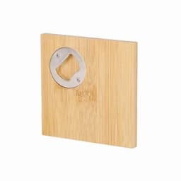 A bamboo bottle opener with a metal cap remover, featuring a sleek and natural finish.