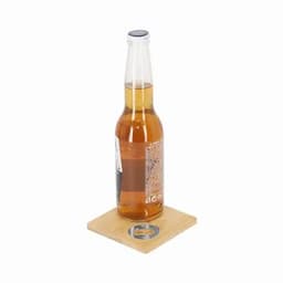 A drink bottle with a light amber beverage sits on a square wooden base, featuring a circular cutout. It has a logo.