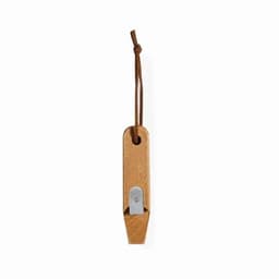 A wooden bottle opener with a silver metal blade, featuring a brown leather loop for hanging.