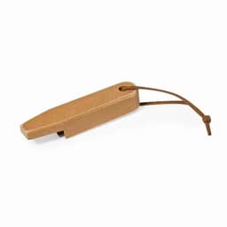 A wooden shoehorn in a tan colour, featuring a leather strap attached for easy handling.
