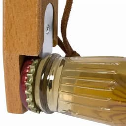 A drink bottle with a glass body, metal cap, and wooden holder, featuring a natural wood finish.
