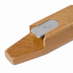 A wooden boat skimming tool with a metal blade, featuring a smooth finish and tapered design.