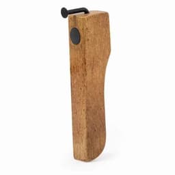 A wooden tool with a curved handle and a metal clasp. It features a natural finish with a dark accent.