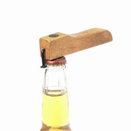A bottle opener with a wooden handle, designed to remove caps from glass bottles.