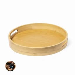 A round bamboo tray featuring two handles and a smooth, natural finish. The tray is light in colour and minimalist in design.