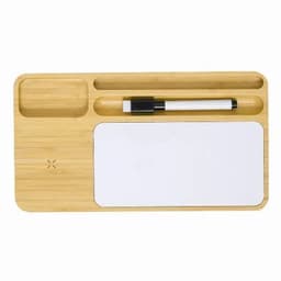 A bamboo desk organiser featuring compartments for pens and sticky notes, with a white dry-erase section and marker.
