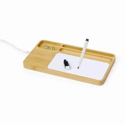 A bamboo desk organiser featuring compartments for pens and paper, with a white surface for notes and a black marker.