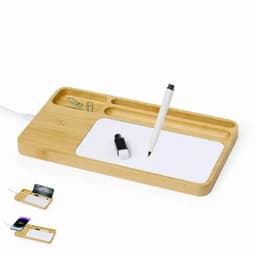 A bamboo desk organiser with compartments for stationery, a pen, and a wireless charging pad.