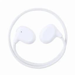 A pair of white wired earphones with a thin connecting cord. The earphones have a smooth, rounded design.