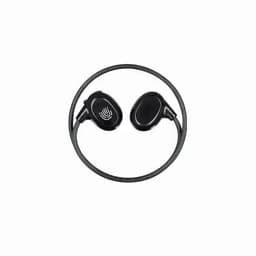 A pair of black wireless earphones with a flexible neckband and touch-sensitive controls.