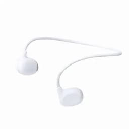 A pair of white, wireless earbuds with a flexible neckband. The design has a minimalist style.