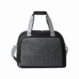 A grey and black travel bag with dual handles and a detachable shoulder strap. It features a large front pocket and a logo.