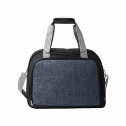 A bag with a grey denim-like front and black accents, featuring both short and long handles for carrying.