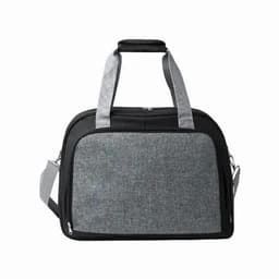 A travel bag in black and grey with short handles and a detachable shoulder strap, featuring a zippered main compartment.