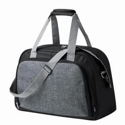 A duffle bag in black and grey fabric with dual handles and a removable shoulder strap, featuring a logo.
