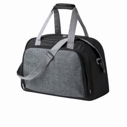 A duffle bag featuring a grey fabric front and a black body, with long grey straps and a sturdy handle.