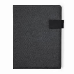 A black fabric folder with a clasp closure, designed for holding documents and notes.