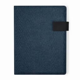 A notebook with a dark blue fabric cover and a black elastic band closure. Features a simple design.
