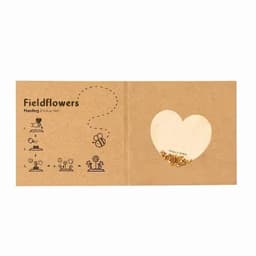 A seed packet with planting instructions, featuring a heart-shaped cutout and illustrated steps for planting field flowers.