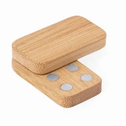A bamboo phone stand featuring a smooth finish, with three silver magnets on its base for stability.
