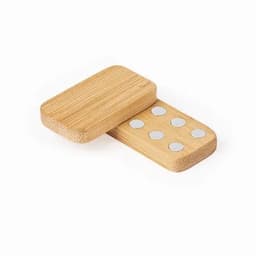 A bamboo domino featuring six silver dots on one side, with a clean, smooth finish. It has a natural wood colour.