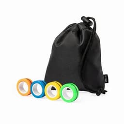 A black drawstring bag containing four colourful rings in orange, blue, green, and yellow.