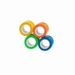 Four adhesive tapes in vibrant colours: yellow, orange, green, and blue, stacked in a circular arrangement.