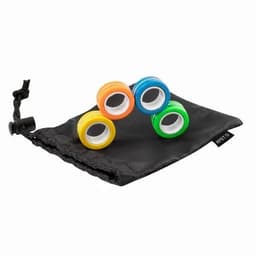 A set of four small, vibrant-coloured wheels—orange, blue, green, and yellow—on a black pouch.