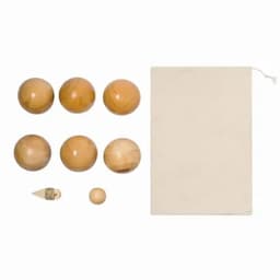 A set of wooden balls in various sizes, along with a small wooden tool and a beige drawstring pouch.