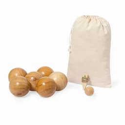 A set of wooden balls in various shades, accompanied by a drawstring bag and a small wooden marker.
