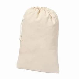 A drawstring bag made of natural canvas, featuring a cinched top for secure closure.