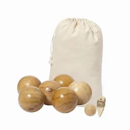 A set of wooden balls in various shades of brown, accompanied by a beige fabric bag and a small wooden peg.