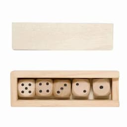 A wooden box containing five natural wood dice with black dots, alongside a plain wooden lid.