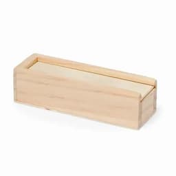 A wooden box with a simple rectangular design, featuring a smooth, light-coloured finish and a sliding top.