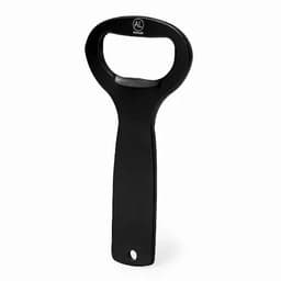 A bottle opener with a black handle and a circular opening at the top. It features a logo on its body.
