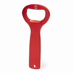 A bottle opener in a vibrant red colour, featuring a wide handle and a circular opening for caps.