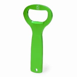 A green metal bottle opener with a handle and a round opening at the top. It features a logo on the handle.