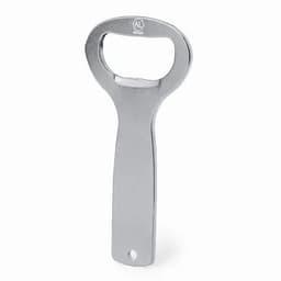 A bottle opener with a silver finish, featuring a loop handle and a flat end for opening caps.