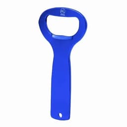 A blue bottle opener with a rounded handle and a logo on the top.