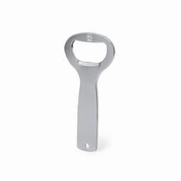 A bottle opener with a shiny silver finish, featuring a classic design and an ergonomic handle.