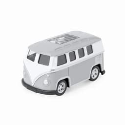 A grey and white toy van with wheels, featuring windows and a sleek design, along with a logo on the side.