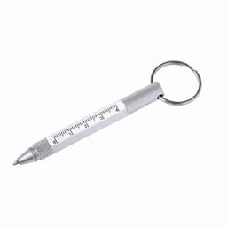 A silver keychain pen with a ruler printed on it, featuring a textured grip and a key ring attachment.