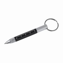 A black and silver pen with a keyring attachment and a ruler printed along its side.