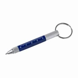 A blue pen with a silver keyring attachment, featuring a ruler along its side.